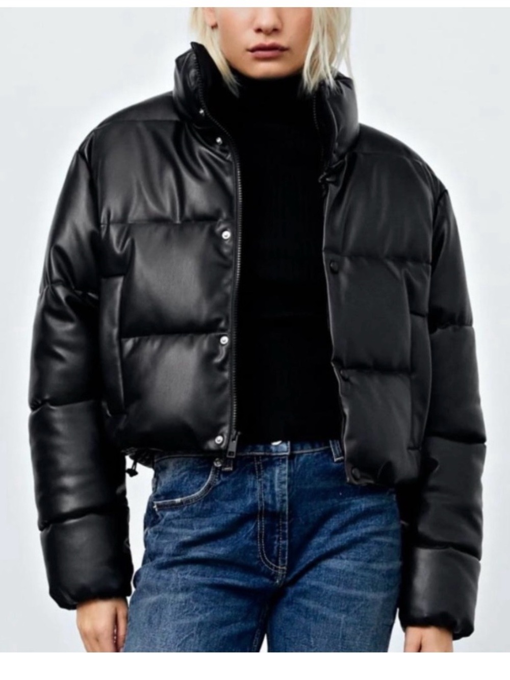 ZARA Black Quilted Faux Leather Cropped Bomber Jacket Size XL